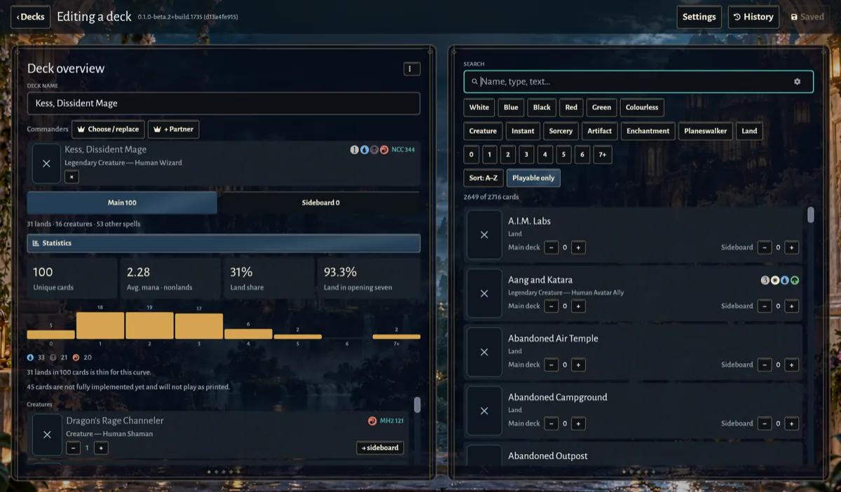 The deck builder with statistics and a search over the pool