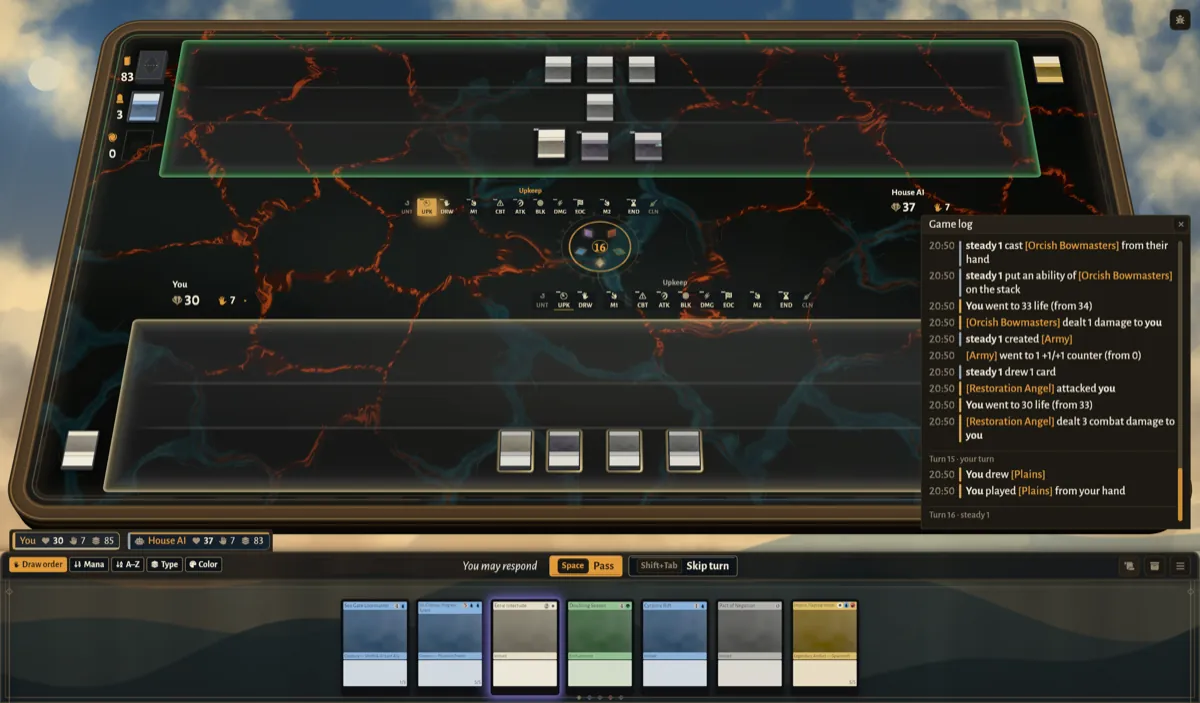 The game log beside the table, each card name a link