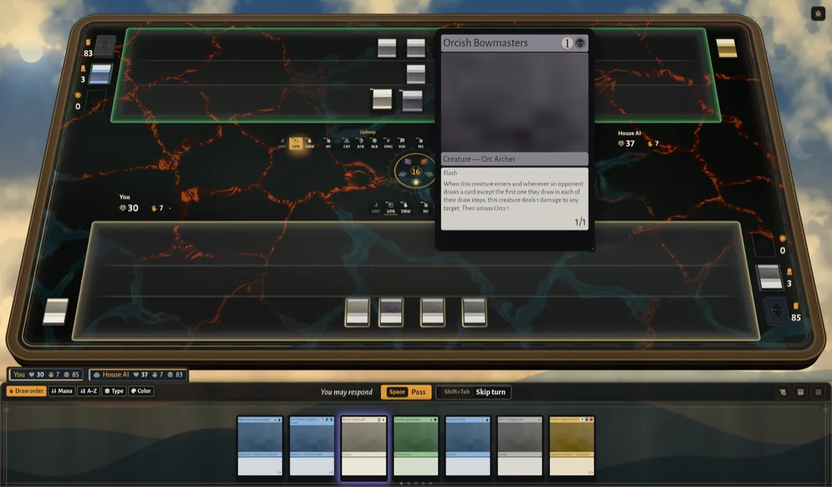 A duel against the house AI; a hovered card is shown large in the text view